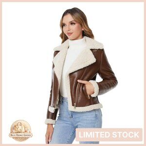 Faux Leather Moto Jacket Fur Lined Winter Coat Chic Aviator Style